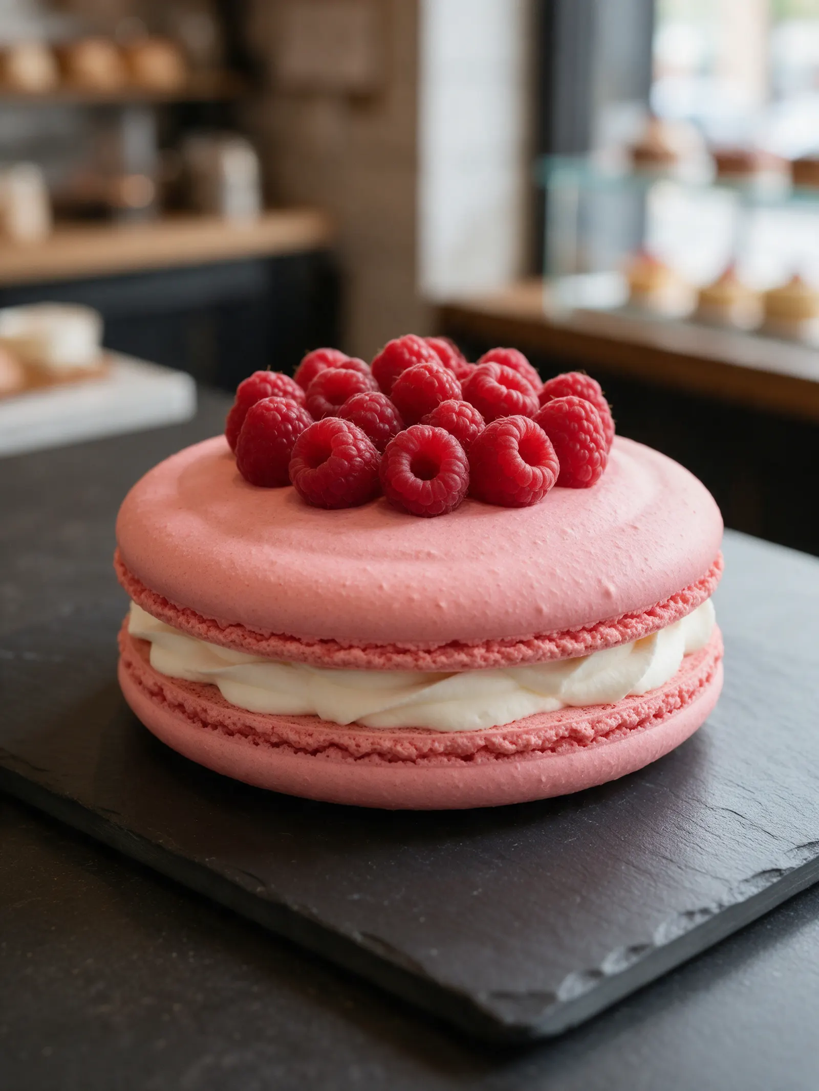 Un gros macaron rose garni de crème et couronné de framboises.