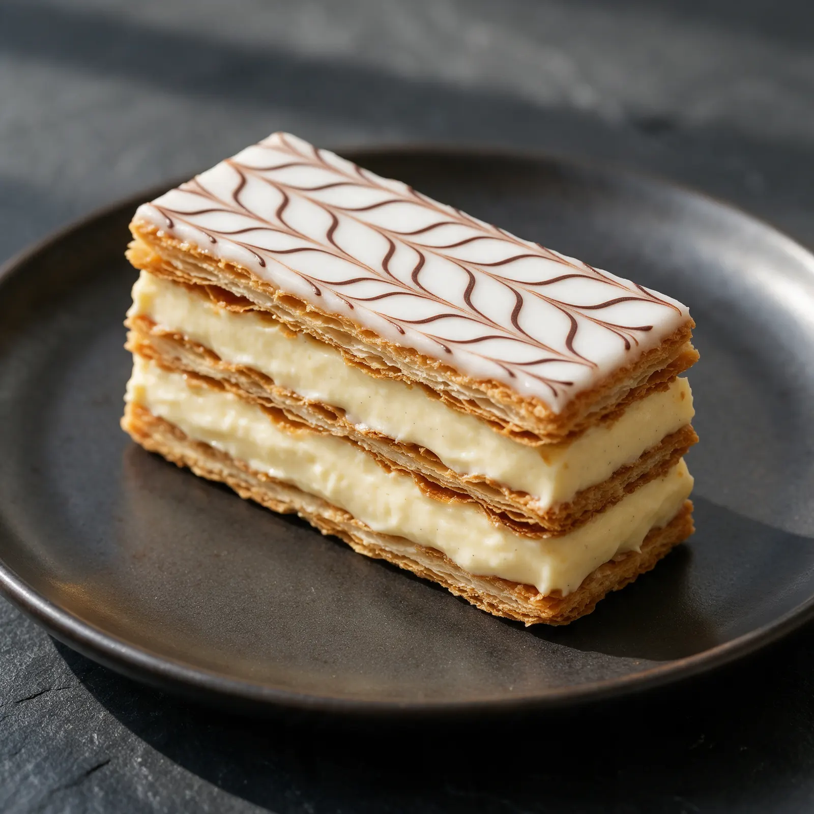 Une part de mille-feuille à la vanille, glaçage blanc marbré de chocolat.