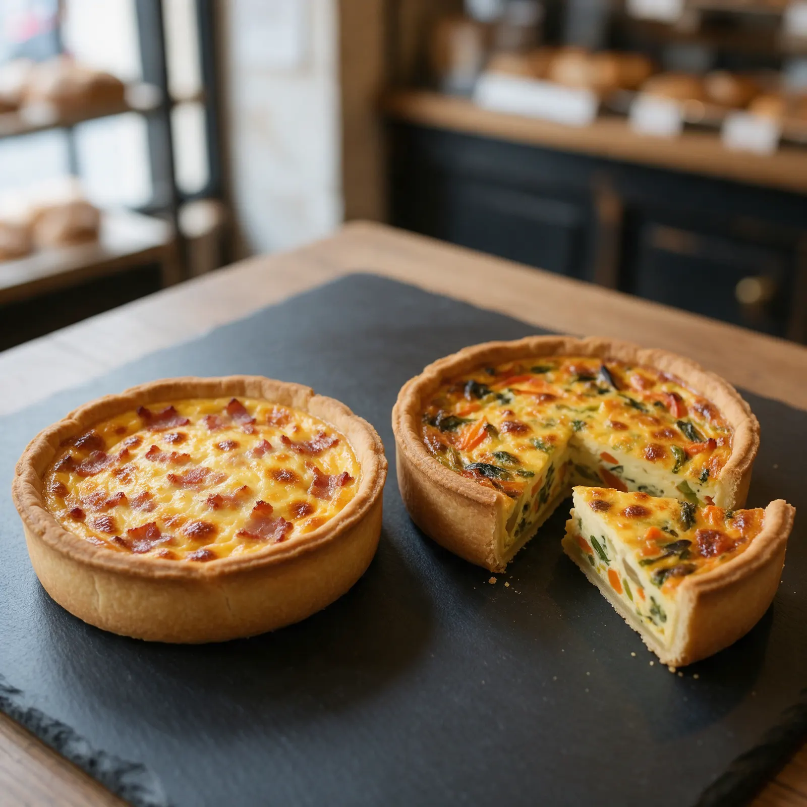 Une quiche lorraine et une quiche aux légumes entamée, sur une planche en ardoise.